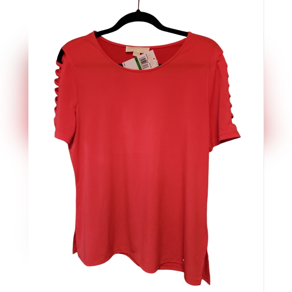 Michael Kors Large Women Top Shirt Coral Red Ladder Sleeve New NWT